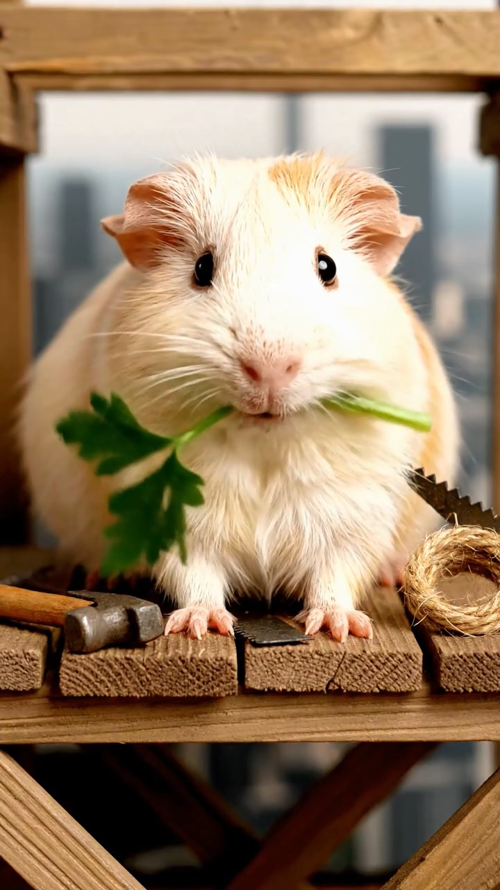 906. Photorealistic scene of 1 smooth-haired Teddy guinea pig with Cream fur, delicately nibbling on fresh alfalfa sprouts, chewing slowly with small, precise bites, on a rocky cliffside overlooking a turbulent sea with waves crashing against jagged rocks, under dramatic clouds casting soft shadows, capturing a lifelike, coastal moment.