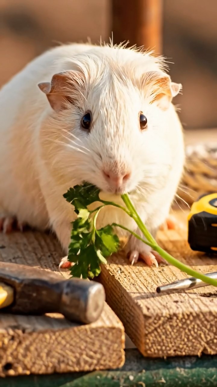 906. Photorealistic scene of 1 smooth-haired Teddy guinea pig with Cream fur, delicately nibbling on fresh alfalfa sprouts, chewing slowly with small, precise bites, on a rocky cliffside overlooking a turbulent sea with waves crashing against jagged rocks, under dramatic clouds casting soft shadows, capturing a lifelike, coastal moment.