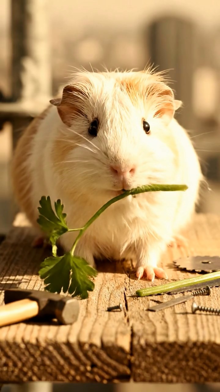 906. Photorealistic scene of 1 smooth-haired Teddy guinea pig with Cream fur, delicately nibbling on fresh alfalfa sprouts, chewing slowly with small, precise bites, on a rocky cliffside overlooking a turbulent sea with waves crashing against jagged rocks, under dramatic clouds casting soft shadows, capturing a lifelike, coastal moment.