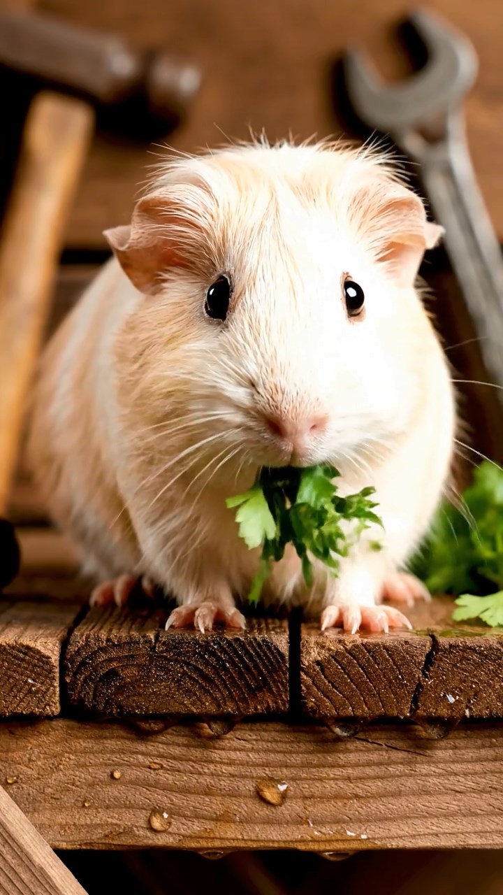 907. Highly detailed view of 2 smooth-haired Himalayan guinea pigs with Fawn and Sable fur, dressed as journalists in tiny vests, scribbling furiously on miniature notepads with tiny pencils gripped in their paws, in a guinea pig newsroom with hay desks and clacking typewriters, under bright lights, creating a realistic, bustling scene.