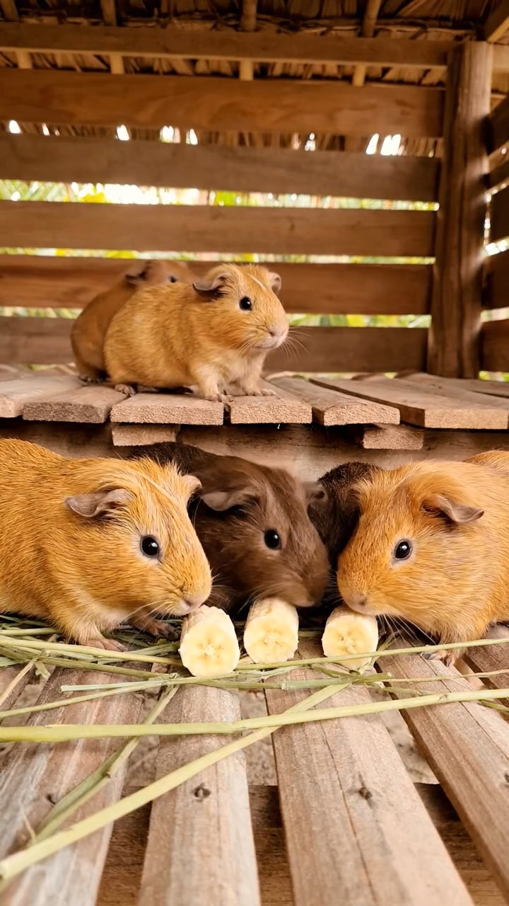 907. Highly detailed view of 2 smooth-haired Himalayan guinea pigs with Fawn and Sable fur, dressed as journalists in tiny vests, scribbling furiously on miniature notepads with tiny pencils gripped in their paws, in a guinea pig newsroom with hay desks and clacking typewriters, under bright lights, creating a realistic, bustling scene.