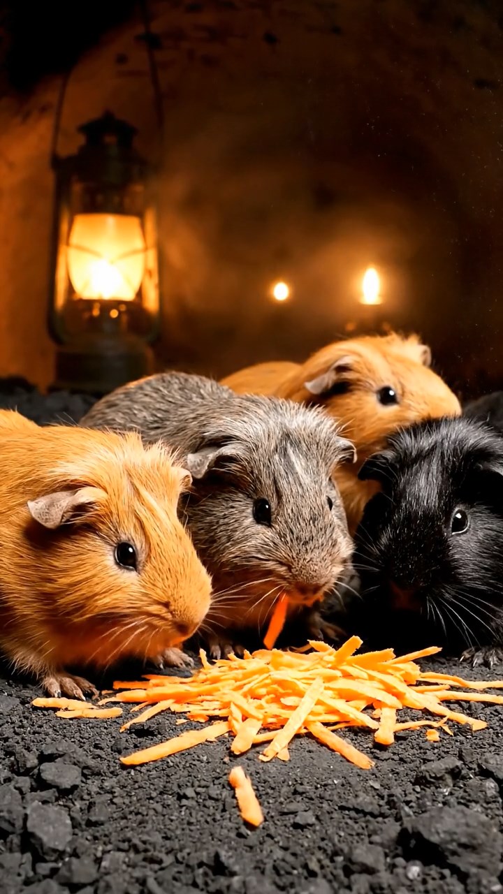 909. Detailed photo of 4 smooth-haired American guinea pigs with White, Orange, Black, and Brown fur, dressed as architects in tiny hard hats, carefully sketching blueprints with miniature pencils, their paws moving precisely, in a guinea pig office with hay models and wooden desks, under soft daylight, creating a vivid, realistic professional scene.