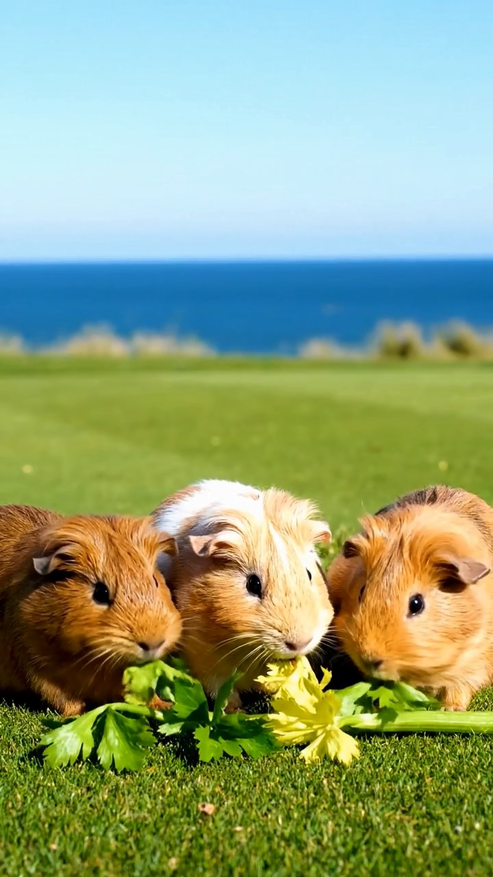 910. Photorealistic scene of 5 smooth-haired Teddy guinea pigs with Cream, Fawn, Sable, Gray, and Cinnamon fur, rolling in dust to clean their fur, tumbling and kicking up tiny clouds of sand, in a sandy hillside dotted with sparse grass, under a golden sunset, capturing a lifelike, natural behavior moment.
