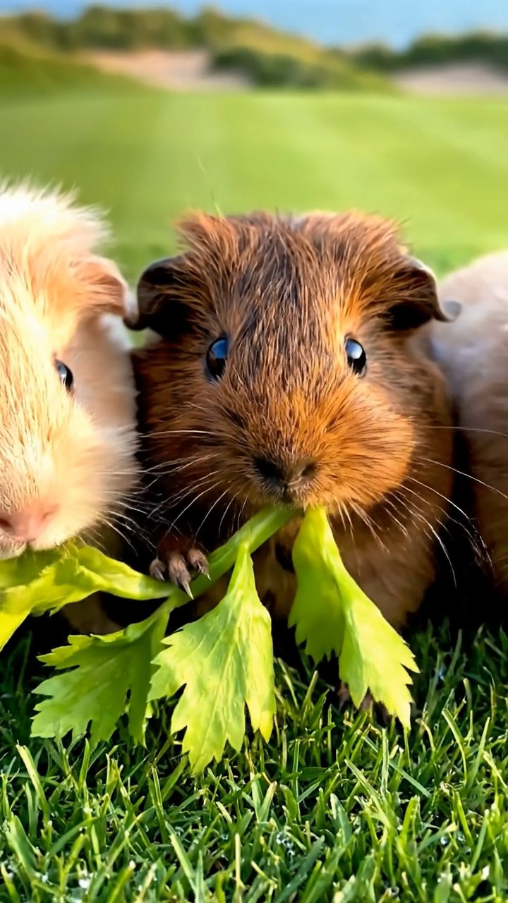 911. Highly detailed view of 1 smooth-haired Himalayan guinea pig with White fur, chewing on fresh broccoli, biting off small florets with careful nibbles, in a vibrant vegetable garden with rows of carrots and lettuce, under bright sunlight, creating a realistic, colorful rural scene of peaceful foraging.