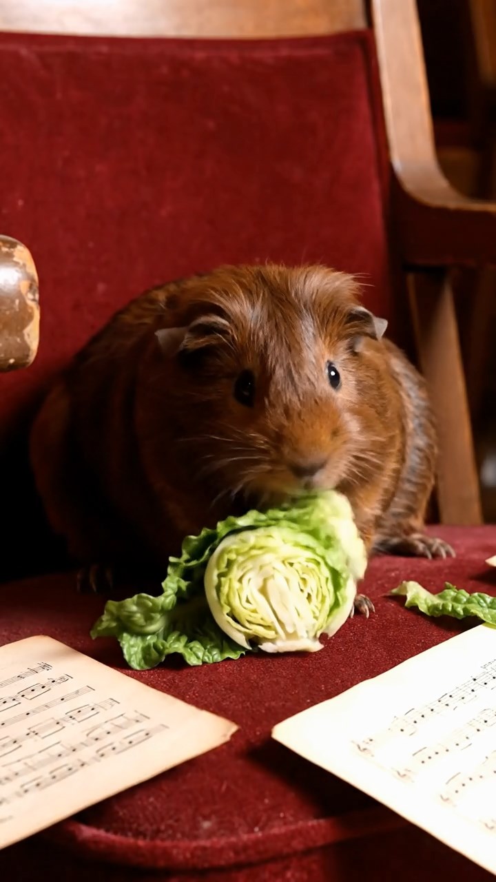 911. Highly detailed view of 1 smooth-haired Himalayan guinea pig with White fur, chewing on fresh broccoli, biting off small florets with careful nibbles, in a vibrant vegetable garden with rows of carrots and lettuce, under bright sunlight, creating a realistic, colorful rural scene of peaceful foraging.
