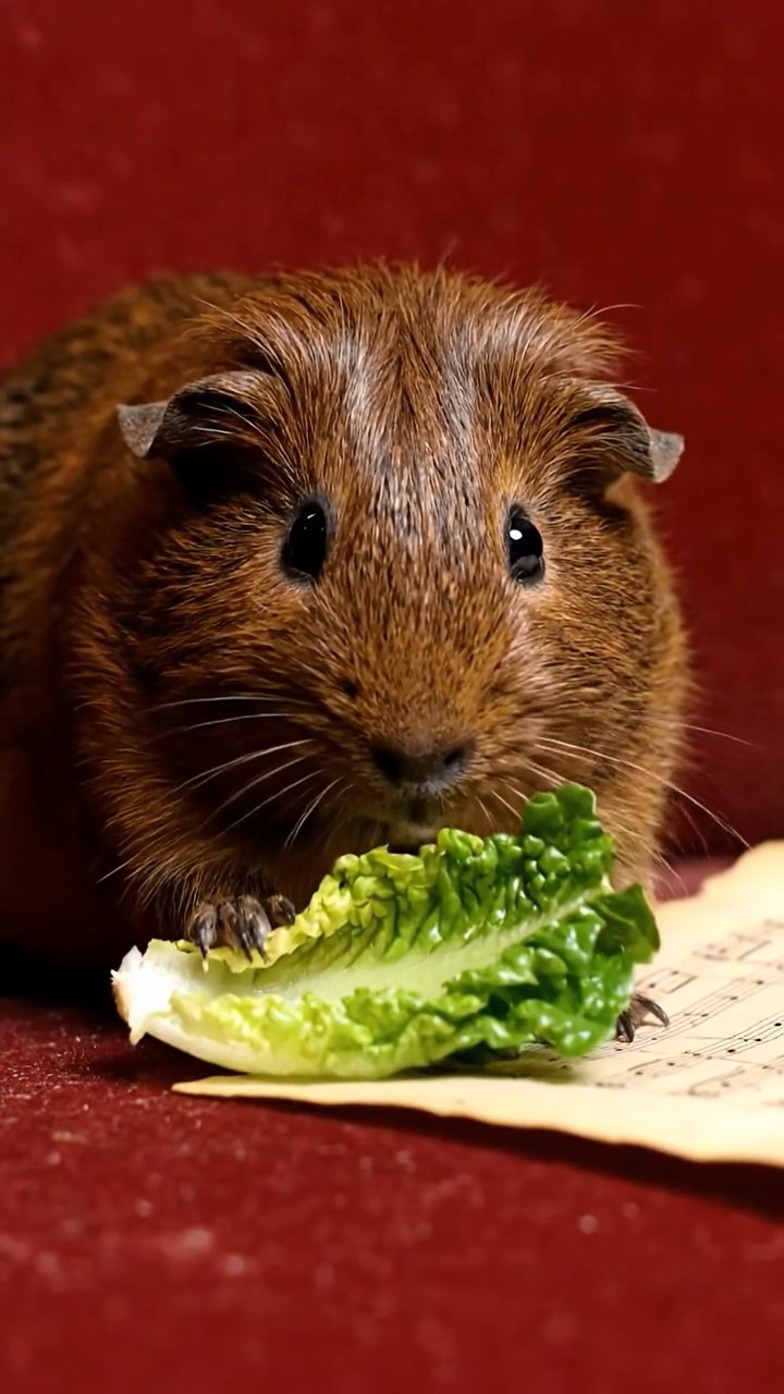 911. Highly detailed view of 1 smooth-haired Himalayan guinea pig with White fur, chewing on fresh broccoli, biting off small florets with careful nibbles, in a vibrant vegetable garden with rows of carrots and lettuce, under bright sunlight, creating a realistic, colorful rural scene of peaceful foraging.