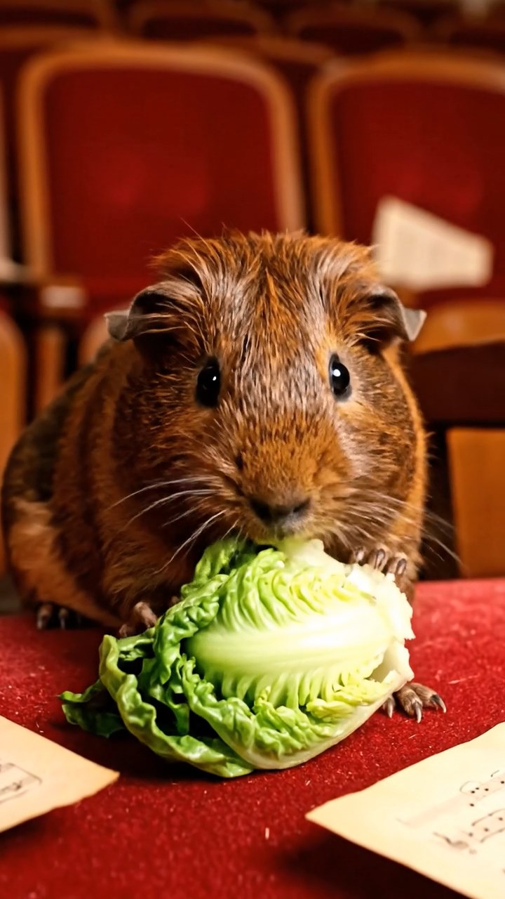 911. Highly detailed view of 1 smooth-haired Himalayan guinea pig with White fur, chewing on fresh broccoli, biting off small florets with careful nibbles, in a vibrant vegetable garden with rows of carrots and lettuce, under bright sunlight, creating a realistic, colorful rural scene of peaceful foraging.