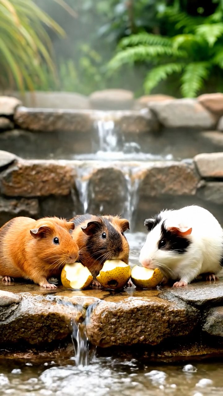 912. Realistic scene of 2 smooth-haired Californian guinea pigs with Orange and Black fur, dressed as tailors in tiny vests, threading needles and sewing miniature scarves with precise stitches, in a guinea pig atelier with colorful fabrics and hay mannequins, under warm lamplight, enhancing the lifelike, creative atmosphere.