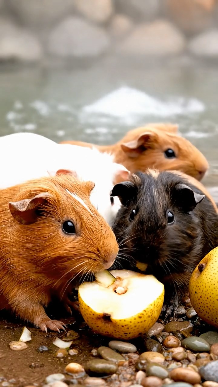 912. Realistic scene of 2 smooth-haired Californian guinea pigs with Orange and Black fur, dressed as tailors in tiny vests, threading needles and sewing miniature scarves with precise stitches, in a guinea pig atelier with colorful fabrics and hay mannequins, under warm lamplight, enhancing the lifelike, creative atmosphere.