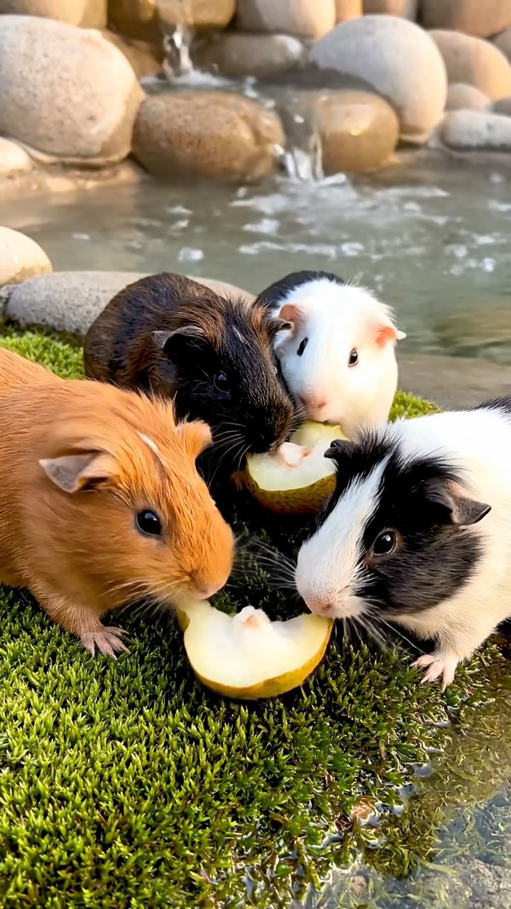 913. Detailed photo of 3 smooth-haired American guinea pigs with Gray, Cream, and Brown fur, marking territory by rubbing their chins gently on grass blades, leaving subtle scent trails, in a lush fern grove with dense green fronds, under dappled sunlight, creating a vivid, realistic forest scene.