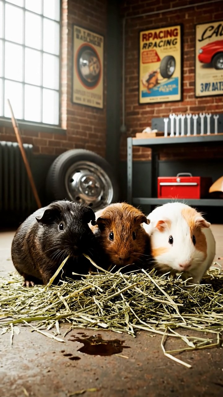 914. Photorealistic scene of 4 smooth-haired Teddy guinea pigs with Fawn, Chocolate, Cinnamon, and Sable fur, dressed as scientists in tiny lab coats, pipetting liquids into miniature beakers with steady paws, in a guinea pig laboratory with hay benches, under bright lights, capturing a realistic, intellectual moment.