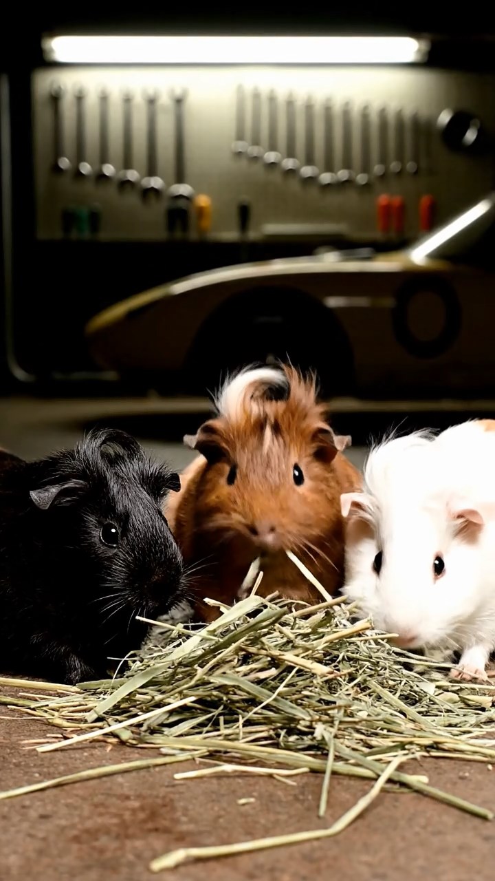 914. Photorealistic scene of 4 smooth-haired Teddy guinea pigs with Fawn, Chocolate, Cinnamon, and Sable fur, dressed as scientists in tiny lab coats, pipetting liquids into miniature beakers with steady paws, in a guinea pig laboratory with hay benches, under bright lights, capturing a realistic, intellectual moment.