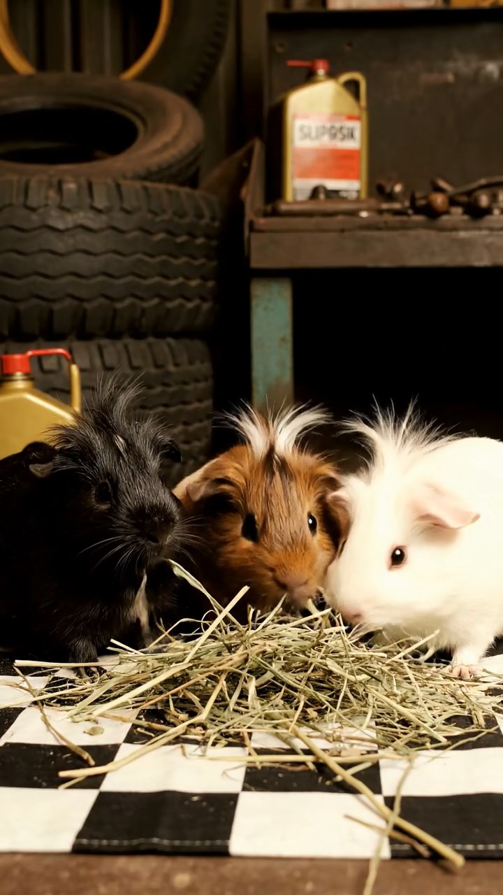 914. Photorealistic scene of 4 smooth-haired Teddy guinea pigs with Fawn, Chocolate, Cinnamon, and Sable fur, dressed as scientists in tiny lab coats, pipetting liquids into miniature beakers with steady paws, in a guinea pig laboratory with hay benches, under bright lights, capturing a realistic, intellectual moment.