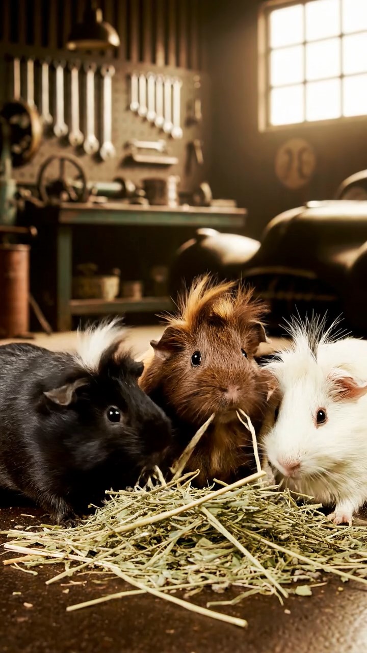 915. Highly detailed view of 5 smooth-haired Himalayan guinea pigs with White, Orange, Gray, Black, and Brown fur, snuggling closely, nuzzling each other’s fur for warmth, in a cozy nest of grass and twigs in a tranquil meadow with wildflowers, under soft morning light, creating a realistic, heartwarming scene.