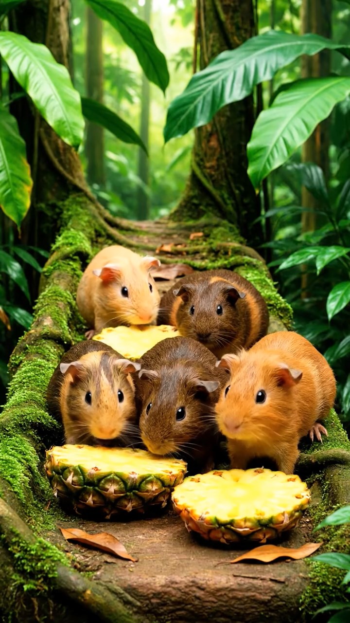 915. Highly detailed view of 5 smooth-haired Himalayan guinea pigs with White, Orange, Gray, Black, and Brown fur, snuggling closely, nuzzling each other’s fur for warmth, in a cozy nest of grass and twigs in a tranquil meadow with wildflowers, under soft morning light, creating a realistic, heartwarming scene.
