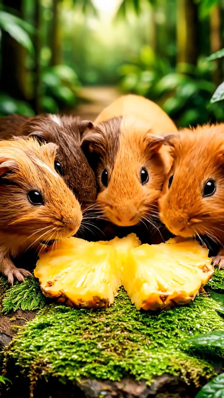 915. Highly detailed view of 5 smooth-haired Himalayan guinea pigs with White, Orange, Gray, Black, and Brown fur, snuggling closely, nuzzling each other’s fur for warmth, in a cozy nest of grass and twigs in a tranquil meadow with wildflowers, under soft morning light, creating a realistic, heartwarming scene.