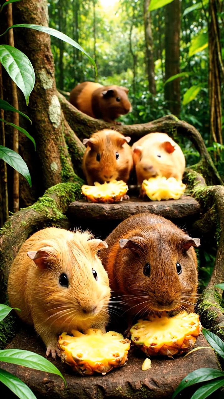 915. Highly detailed view of 5 smooth-haired Himalayan guinea pigs with White, Orange, Gray, Black, and Brown fur, snuggling closely, nuzzling each other’s fur for warmth, in a cozy nest of grass and twigs in a tranquil meadow with wildflowers, under soft morning light, creating a realistic, heartwarming scene.