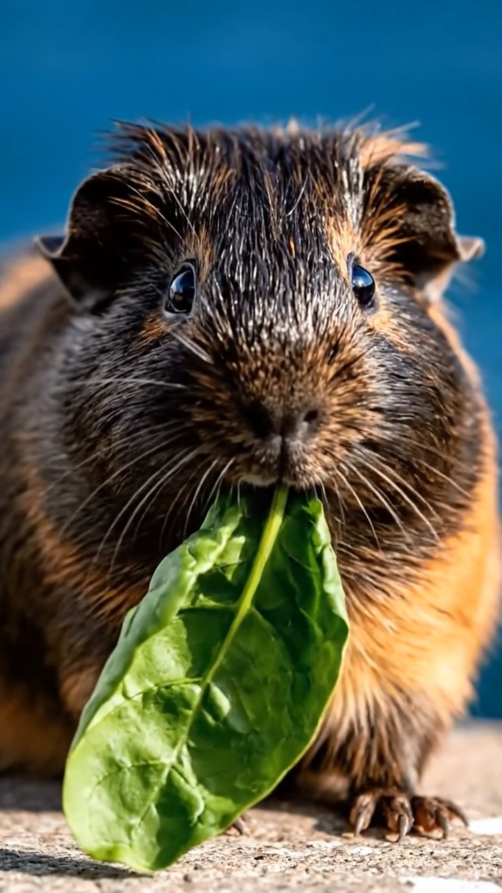 916. Realistic scene of 1 smooth-haired Californian guinea pig with Cream fur, munching on strawberries, delicately biting into the juicy fruit, in a fragrant citrus orchard with dew-kissed orange trees, under warm sunlight, capturing a vivid, lifelike rural moment.