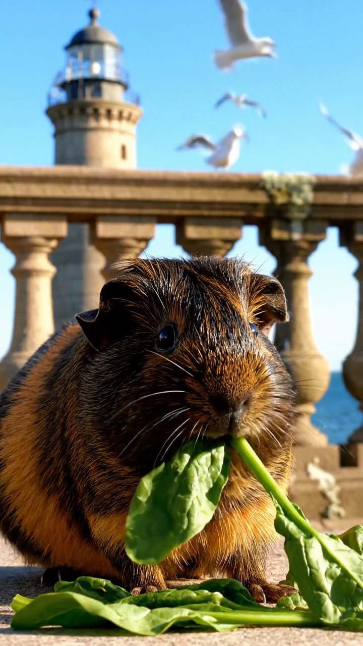 916. Realistic scene of 1 smooth-haired Californian guinea pig with Cream fur, munching on strawberries, delicately biting into the juicy fruit, in a fragrant citrus orchard with dew-kissed orange trees, under warm sunlight, capturing a vivid, lifelike rural moment.