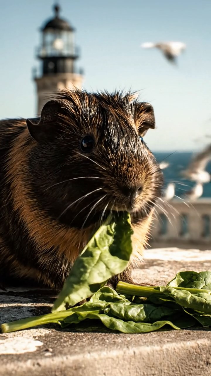 917. Detailed photo of 2 smooth-haired American guinea pigs with Fawn and Sable fur, dressed as bakers in tiny aprons, kneading dough with their tiny paws in a guinea pig bakery with hay ovens and wooden counters, under soft lamplight, creating a realistic, cozy culinary scene.