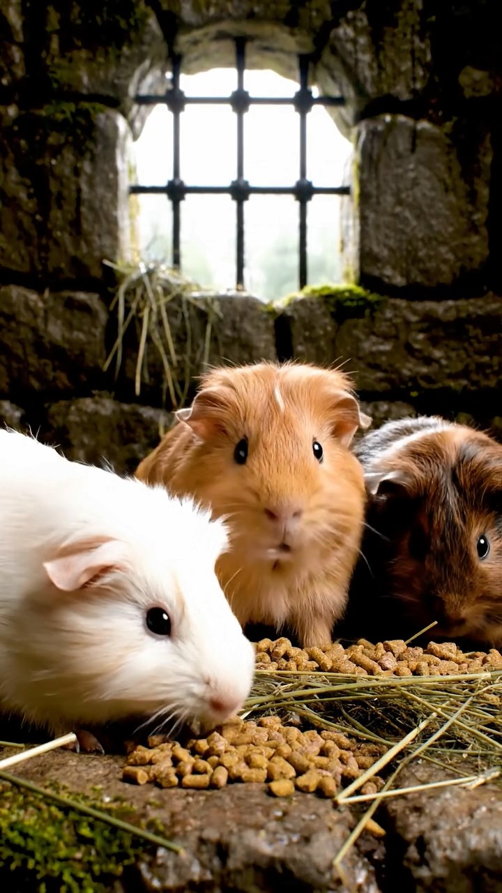 919. Highly detailed view of 4 smooth-haired Himalayan guinea pigs with White, Orange, Black, and Brown fur, dressed as writers in tiny scarves, typing stories with tiny paws on miniature typewriters, in a guinea pig study with hay desks, under warm lamplight, creating a vivid, realistic literary scene.