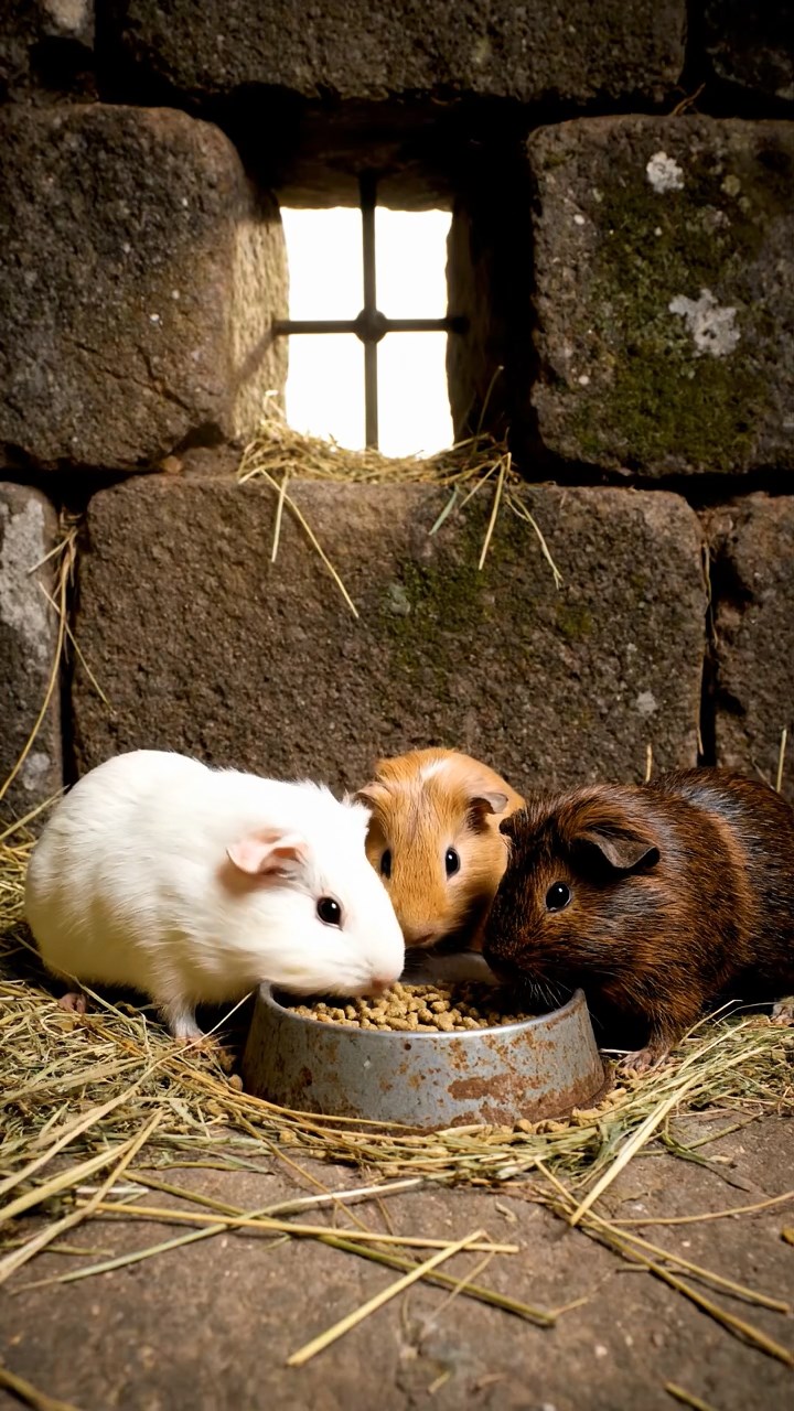 919. Highly detailed view of 4 smooth-haired Himalayan guinea pigs with White, Orange, Black, and Brown fur, dressed as writers in tiny scarves, typing stories with tiny paws on miniature typewriters, in a guinea pig study with hay desks, under warm lamplight, creating a vivid, realistic literary scene.