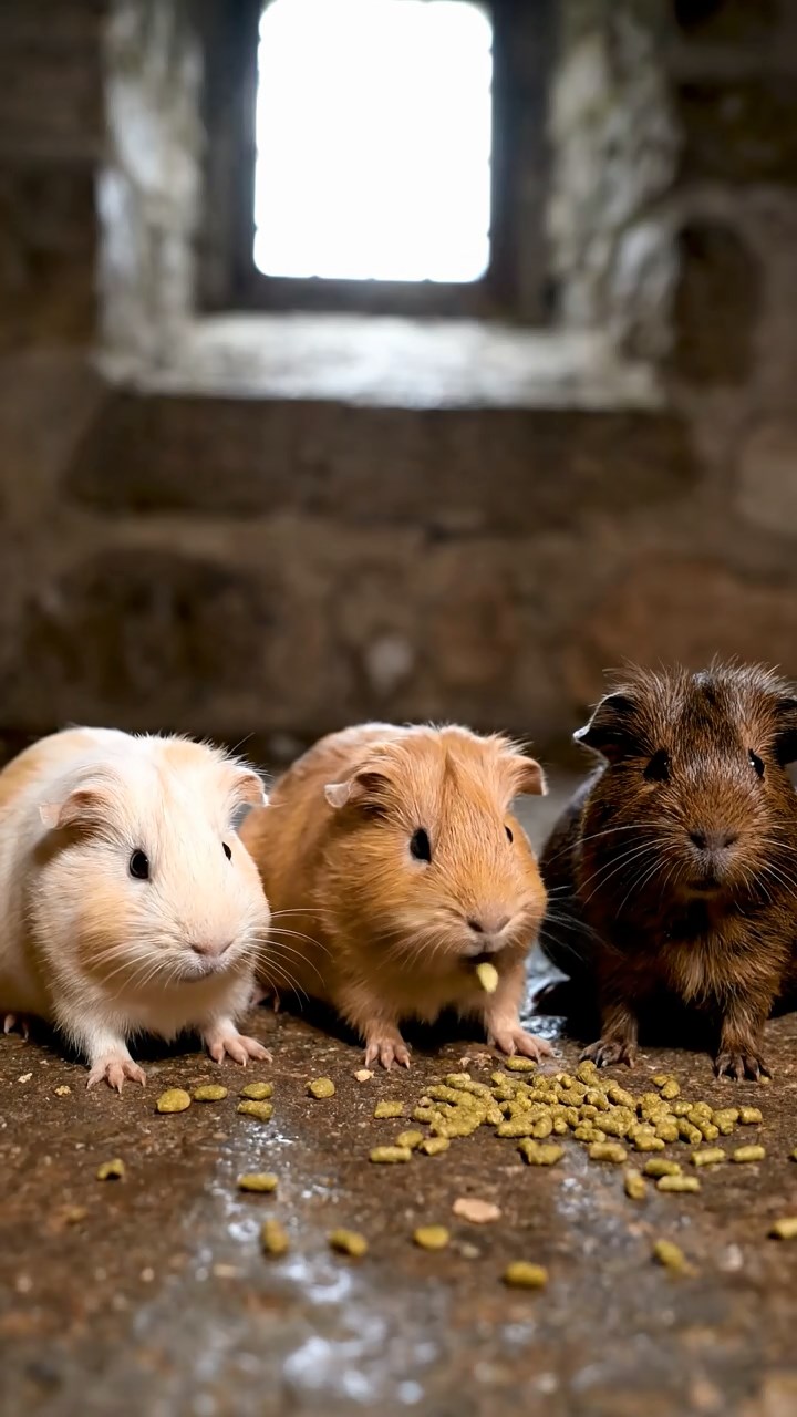 919. Highly detailed view of 4 smooth-haired Himalayan guinea pigs with White, Orange, Black, and Brown fur, dressed as writers in tiny scarves, typing stories with tiny paws on miniature typewriters, in a guinea pig study with hay desks, under warm lamplight, creating a vivid, realistic literary scene.