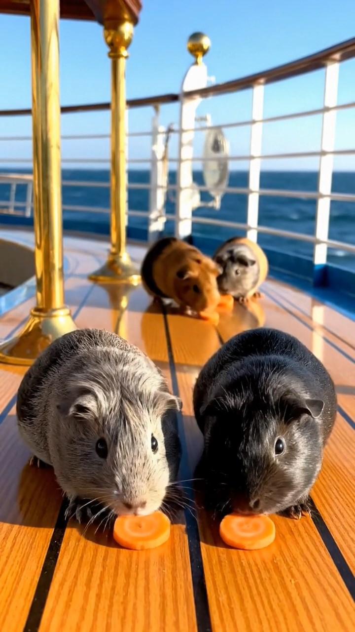 922. Photorealistic scene of 2 smooth-haired Teddy guinea pigs with Orange and Black fur, dressed as engineers in tiny helmets, hammering miniature nails into a bridge structure, in a guinea pig workshop with hay beams, under bright daylight, enhancing the lifelike, industrious atmosphere.