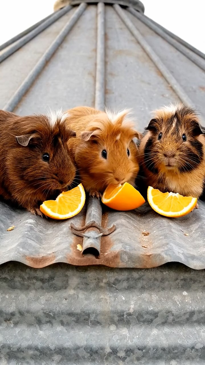 924. Realistic scene of 4 smooth-haired Californian guinea pigs with Fawn, Chocolate, Cinnamon, and Sable fur, dressed as firefighters in tiny uniforms, spraying water from miniature hoses with focused aim, in a guinea pig village with hay houses, under glowing streetlights, capturing a heroic, lifelike moment.