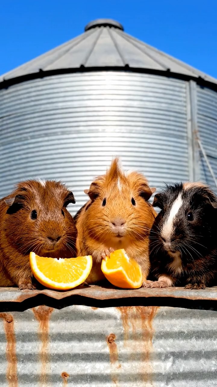 924. Realistic scene of 4 smooth-haired Californian guinea pigs with Fawn, Chocolate, Cinnamon, and Sable fur, dressed as firefighters in tiny uniforms, spraying water from miniature hoses with focused aim, in a guinea pig village with hay houses, under glowing streetlights, capturing a heroic, lifelike moment.