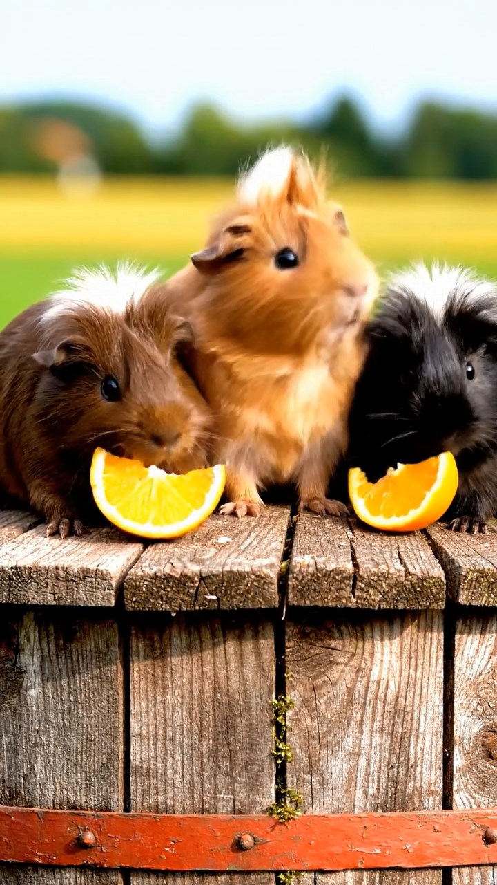 925. Detailed photo of 5 smooth-haired American guinea pigs with White, Orange, Gray, Black, and Brown fur, foraging for clover, sniffing and nibbling with quick bites, in a lush meadow with wildflowers and a trickling stream, under soft morning light, creating a realistic, serene pastoral scene.