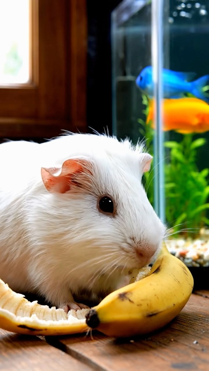 925. Detailed photo of 5 smooth-haired American guinea pigs with White, Orange, Gray, Black, and Brown fur, foraging for clover, sniffing and nibbling with quick bites, in a lush meadow with wildflowers and a trickling stream, under soft morning light, creating a realistic, serene pastoral scene.