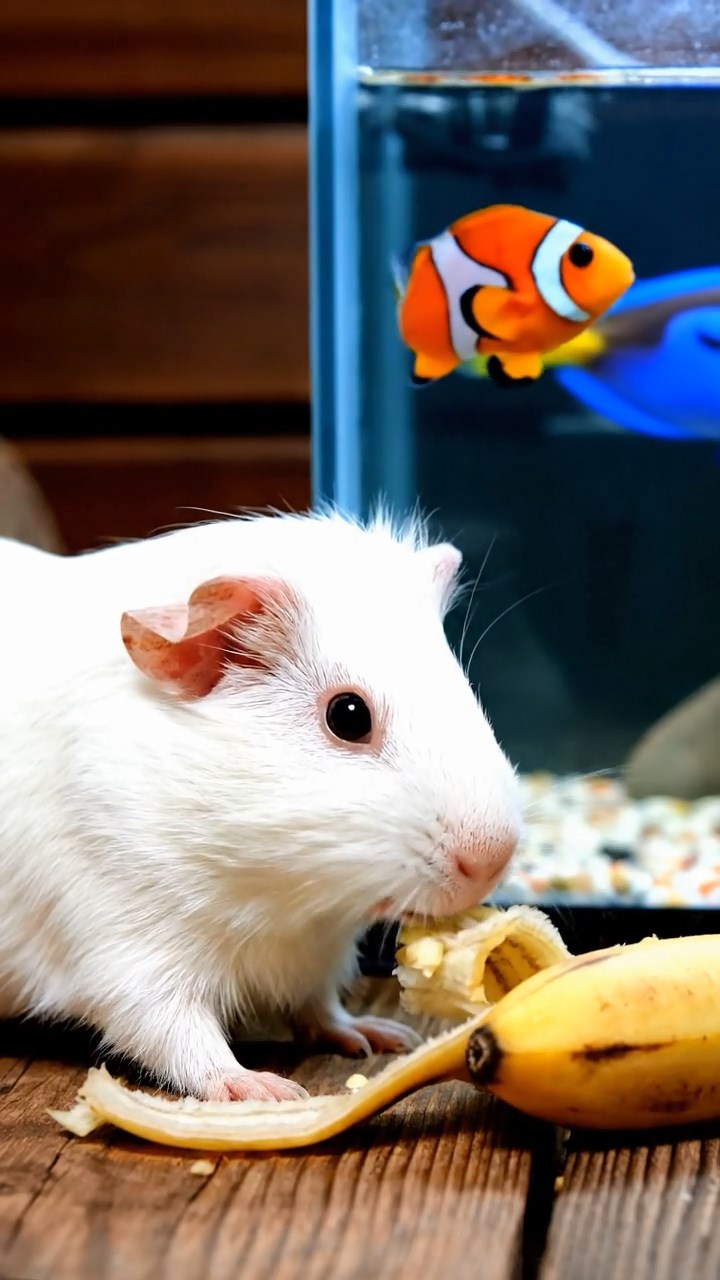 925. Detailed photo of 5 smooth-haired American guinea pigs with White, Orange, Gray, Black, and Brown fur, foraging for clover, sniffing and nibbling with quick bites, in a lush meadow with wildflowers and a trickling stream, under soft morning light, creating a realistic, serene pastoral scene.