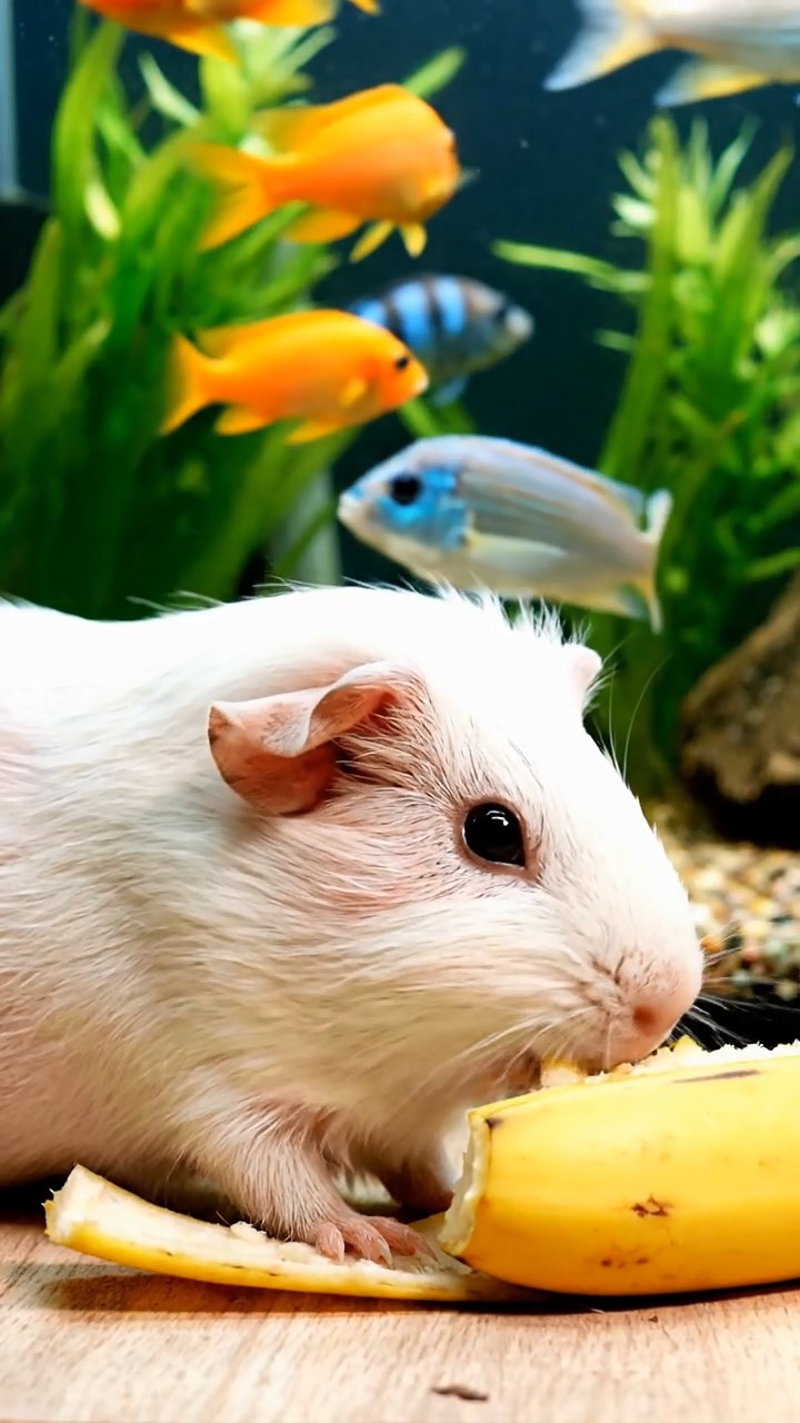 925. Detailed photo of 5 smooth-haired American guinea pigs with White, Orange, Gray, Black, and Brown fur, foraging for clover, sniffing and nibbling with quick bites, in a lush meadow with wildflowers and a trickling stream, under soft morning light, creating a realistic, serene pastoral scene.