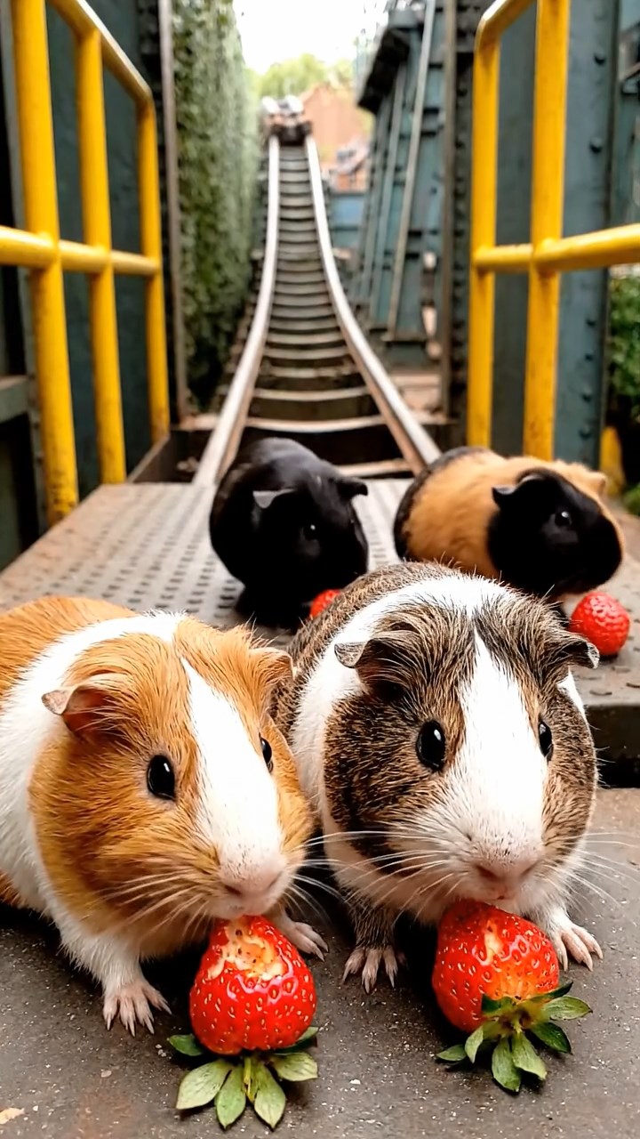 927. Highly detailed view of 2 smooth-haired Himalayan guinea pigs with Fawn and Sable fur, dressed as musicians in tiny vests, plucking miniature guitar strings with precise paws, in a guinea pig concert hall with hay seats, under warm spotlights, creating a realistic, elegant scene.
