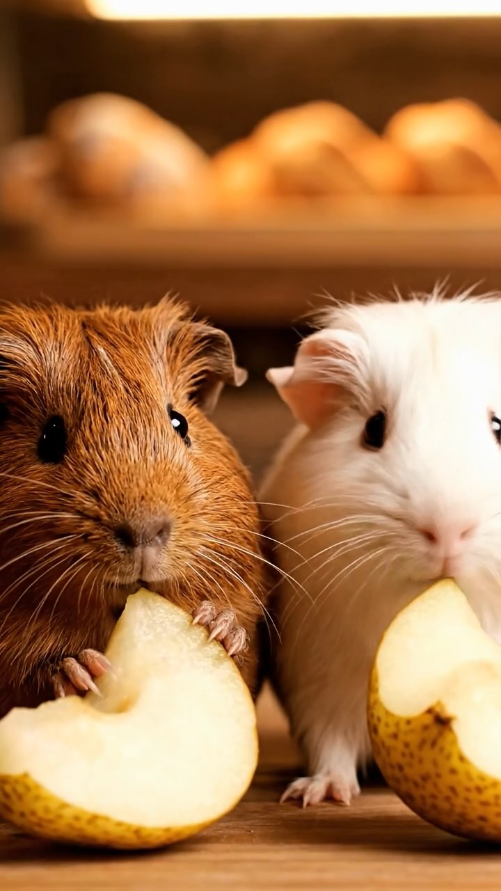 927. Highly detailed view of 2 smooth-haired Himalayan guinea pigs with Fawn and Sable fur, dressed as musicians in tiny vests, plucking miniature guitar strings with precise paws, in a guinea pig concert hall with hay seats, under warm spotlights, creating a realistic, elegant scene.