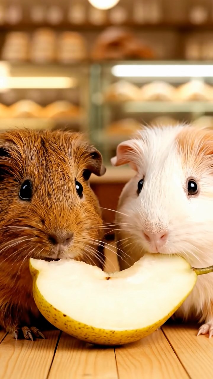 927. Highly detailed view of 2 smooth-haired Himalayan guinea pigs with Fawn and Sable fur, dressed as musicians in tiny vests, plucking miniature guitar strings with precise paws, in a guinea pig concert hall with hay seats, under warm spotlights, creating a realistic, elegant scene.