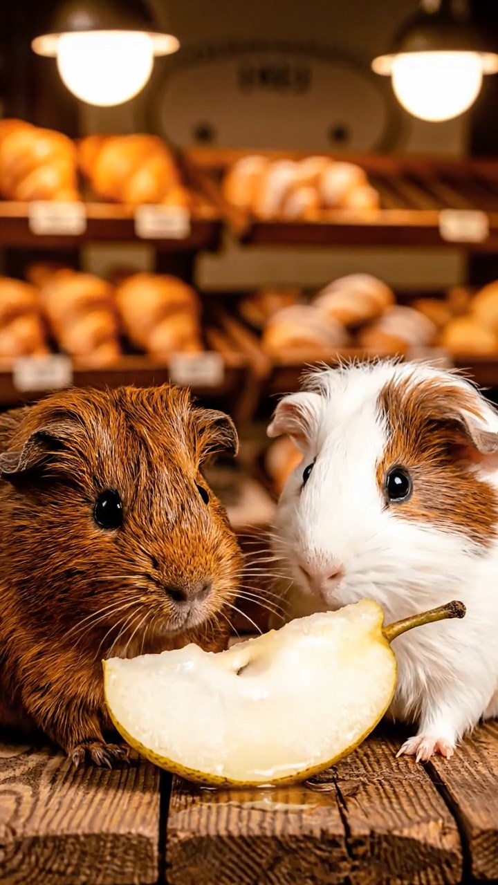 927. Highly detailed view of 2 smooth-haired Himalayan guinea pigs with Fawn and Sable fur, dressed as musicians in tiny vests, plucking miniature guitar strings with precise paws, in a guinea pig concert hall with hay seats, under warm spotlights, creating a realistic, elegant scene.