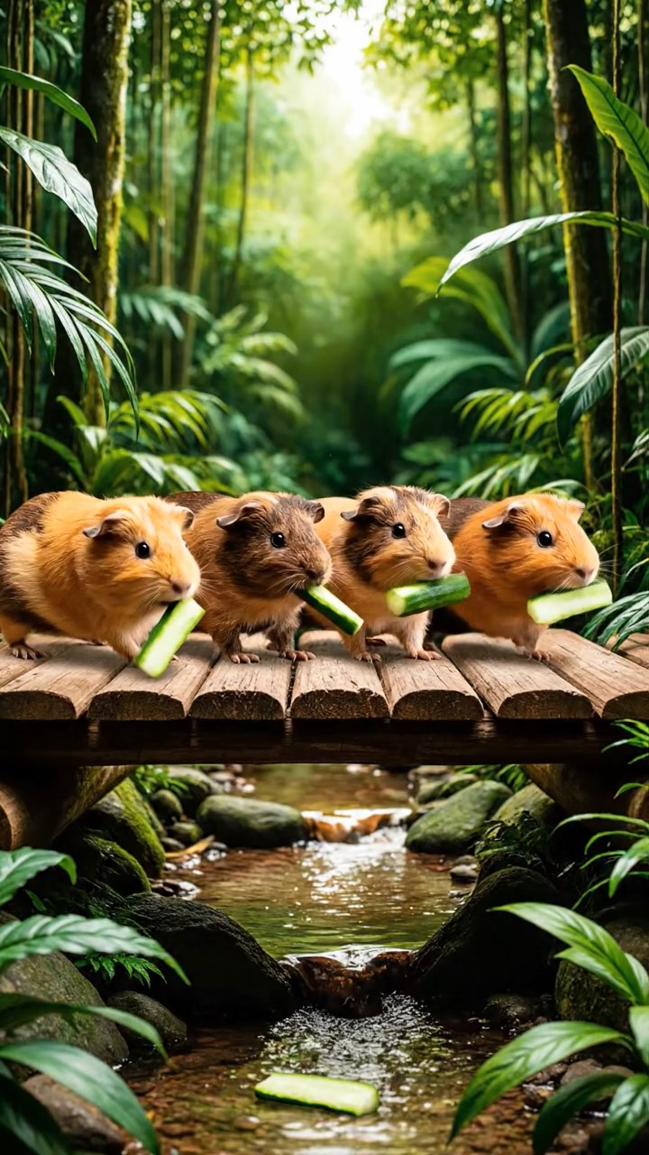 928. Realistic scene of 3 smooth-haired Californian guinea pigs with Chocolate, Cinnamon, and Gray fur, grooming each other, licking fur with gentle strokes, in a lush meadow with wildflowers and a babbling brook, under golden sunlight, enhancing the authentic, social atmosphere.