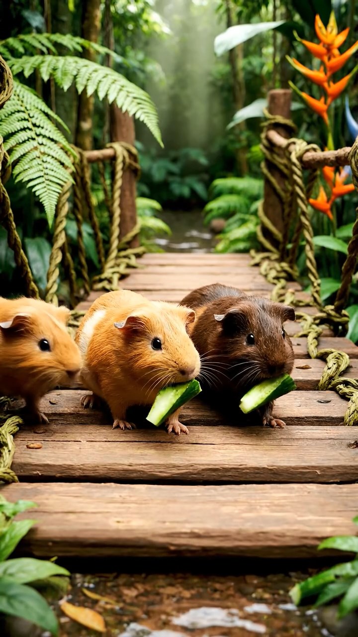 1963. Photorealistic photo of 5 smooth-haired Peruvian guinea pigs with fawn, chocolate, and cinnamon fur, munching on cucumber sticks, crossing a jungle footbridge.