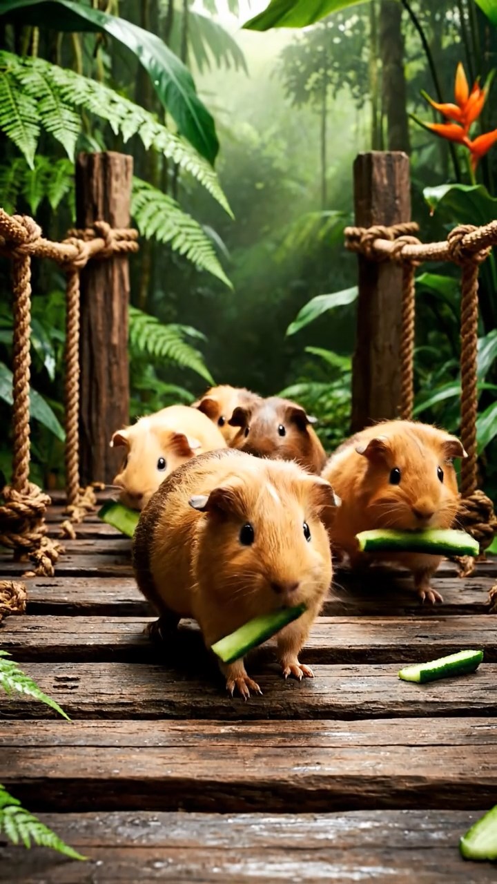 1963. Photorealistic photo of 5 smooth-haired Peruvian guinea pigs with fawn, chocolate, and cinnamon fur, munching on cucumber sticks, crossing a jungle footbridge.