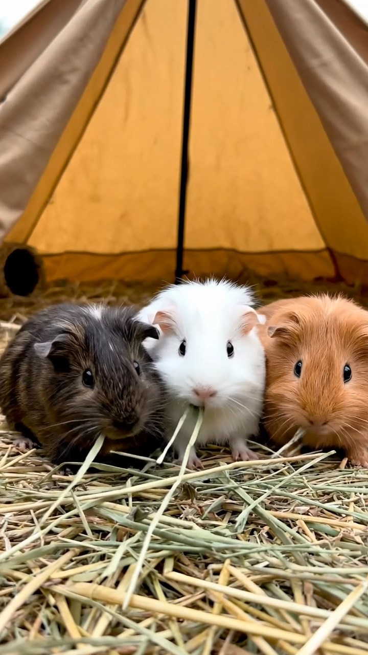 1964. Realistic depiction of 3 smooth-haired Silkie guinea pigs with sable, white, and orange fur, eating timothy hay strands, inside a safari tent interior.