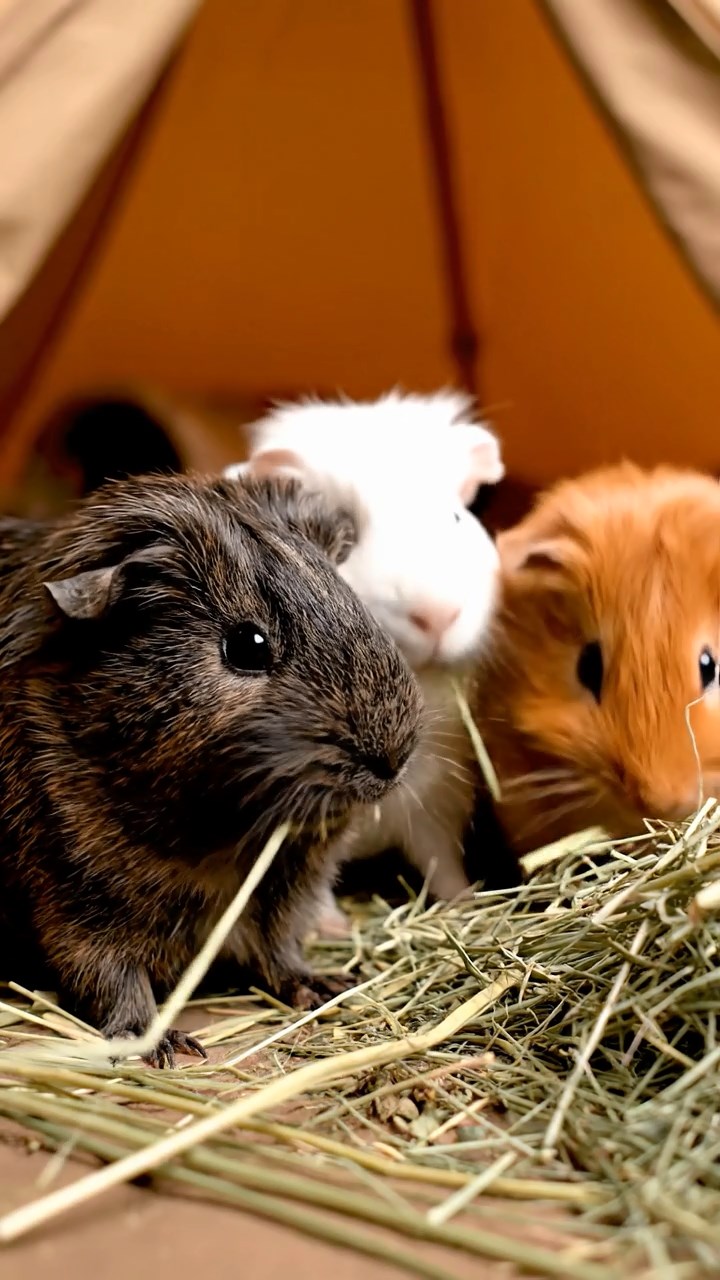 1964. Realistic depiction of 3 smooth-haired Silkie guinea pigs with sable, white, and orange fur, eating timothy hay strands, inside a safari tent interior.