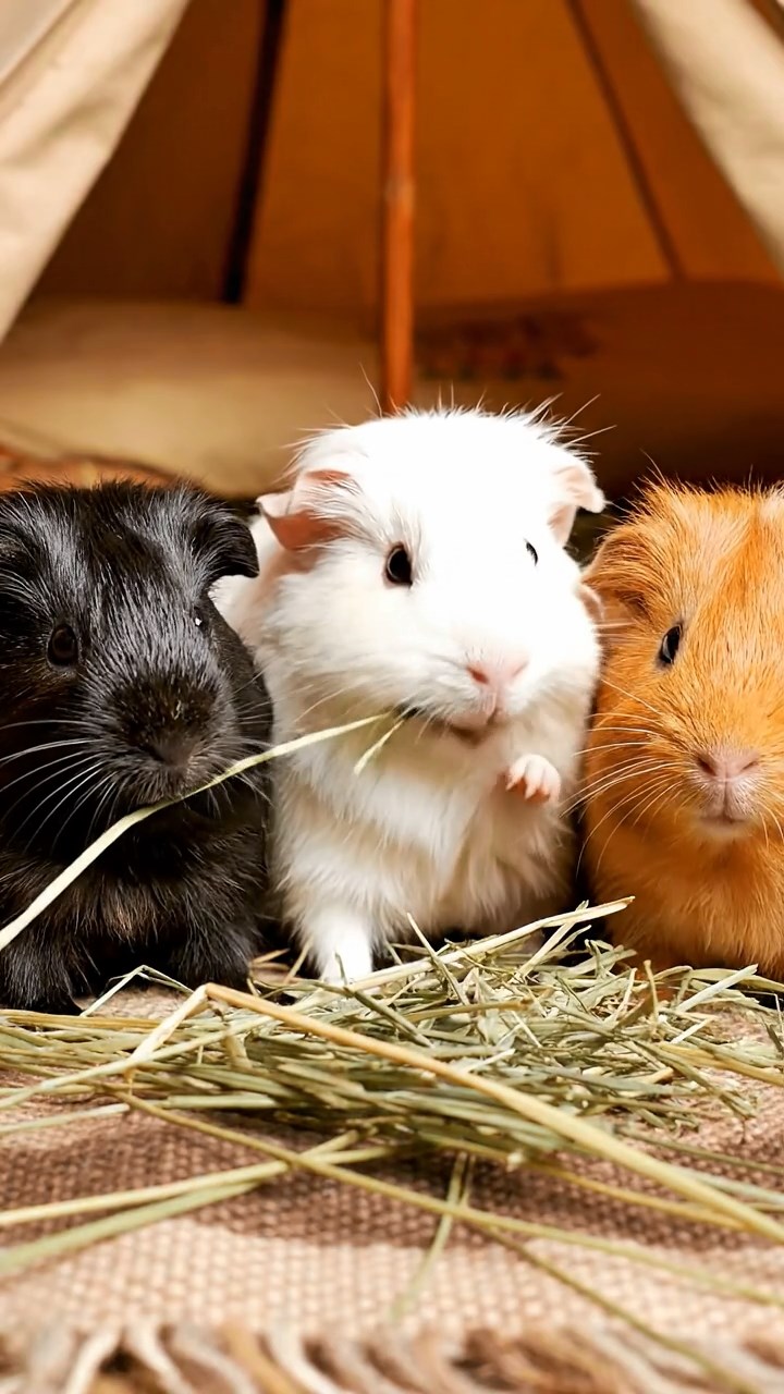 1964. Realistic depiction of 3 smooth-haired Silkie guinea pigs with sable, white, and orange fur, eating timothy hay strands, inside a safari tent interior.