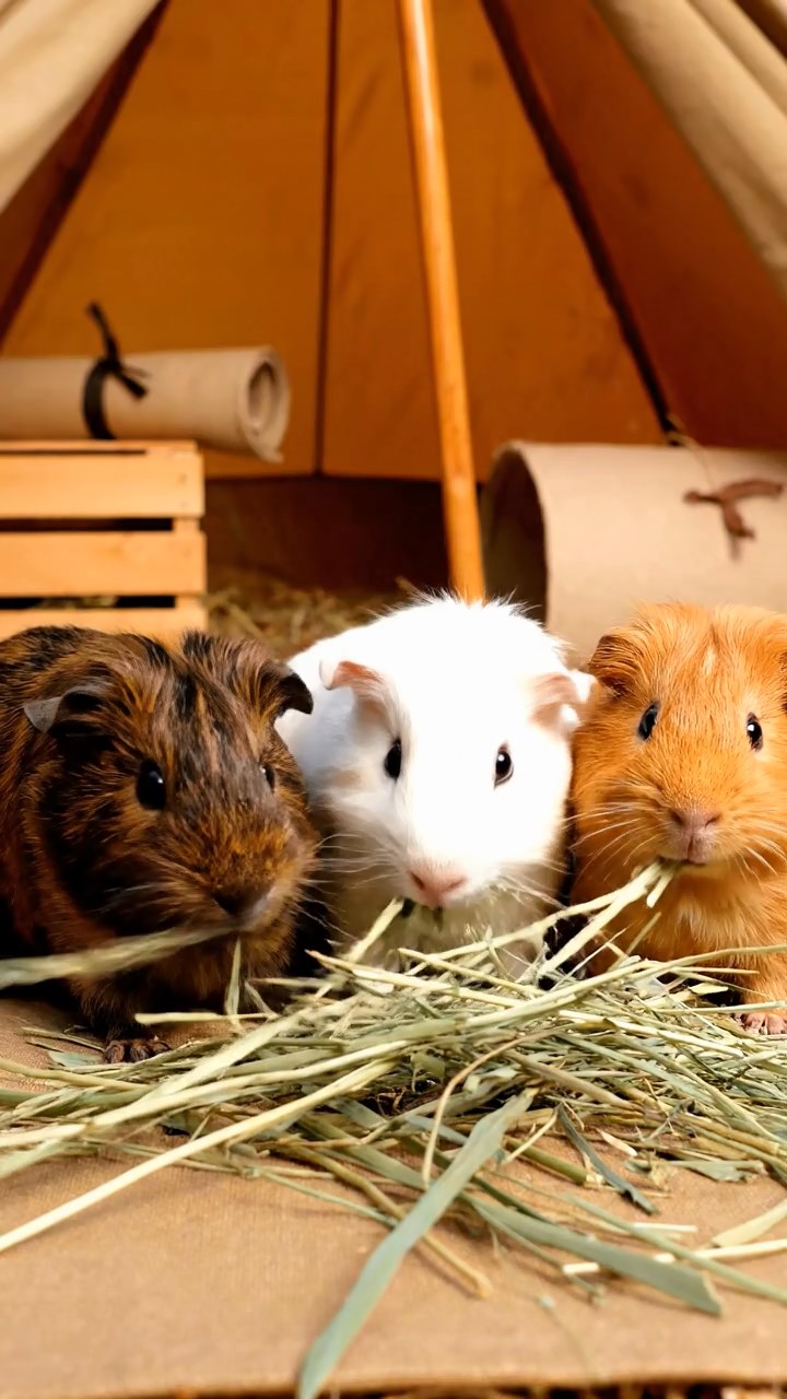 1964. Realistic depiction of 3 smooth-haired Silkie guinea pigs with sable, white, and orange fur, eating timothy hay strands, inside a safari tent interior.