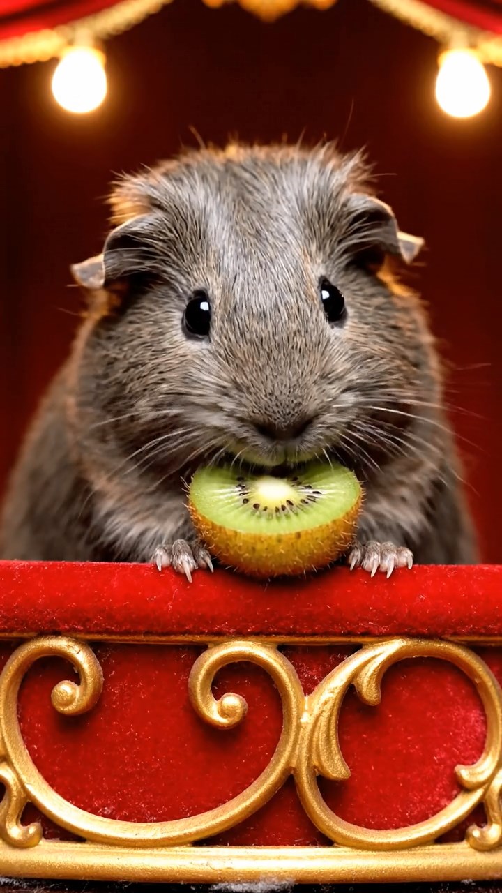 1965. Detailed image of 1 smooth-haired Teddy guinea pig with gray fur, nibbling on kiwi halves, on a theater balcony overlooking the pit.