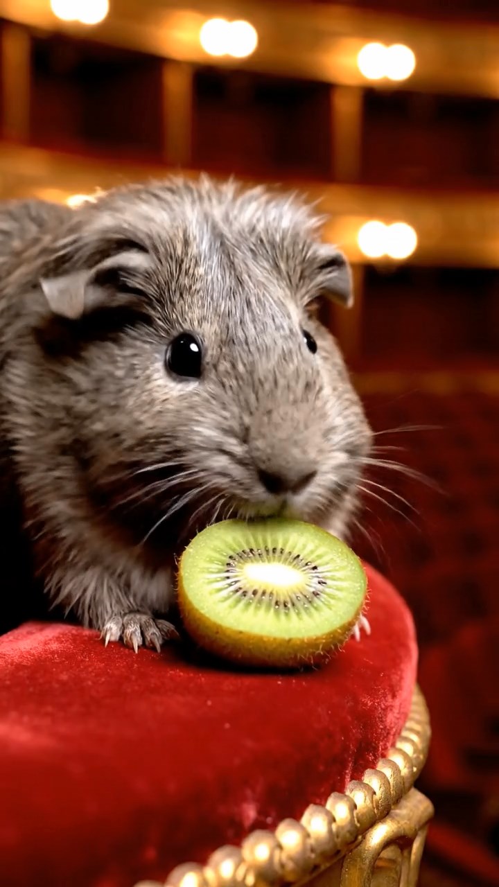 1965. Detailed image of 1 smooth-haired Teddy guinea pig with gray fur, nibbling on kiwi halves, on a theater balcony overlooking the pit.