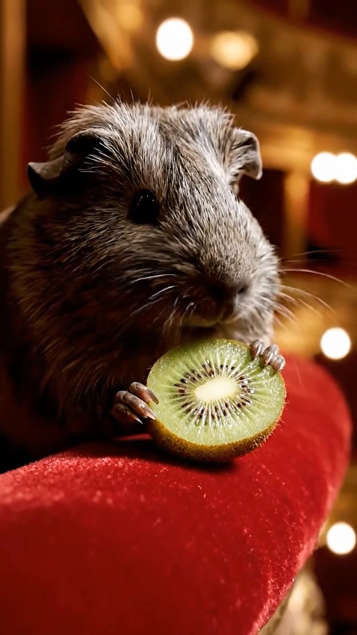 1965. Detailed image of 1 smooth-haired Teddy guinea pig with gray fur, nibbling on kiwi halves, on a theater balcony overlooking the pit.