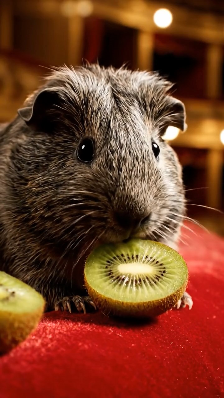 1965. Detailed image of 1 smooth-haired Teddy guinea pig with gray fur, nibbling on kiwi halves, on a theater balcony overlooking the pit.