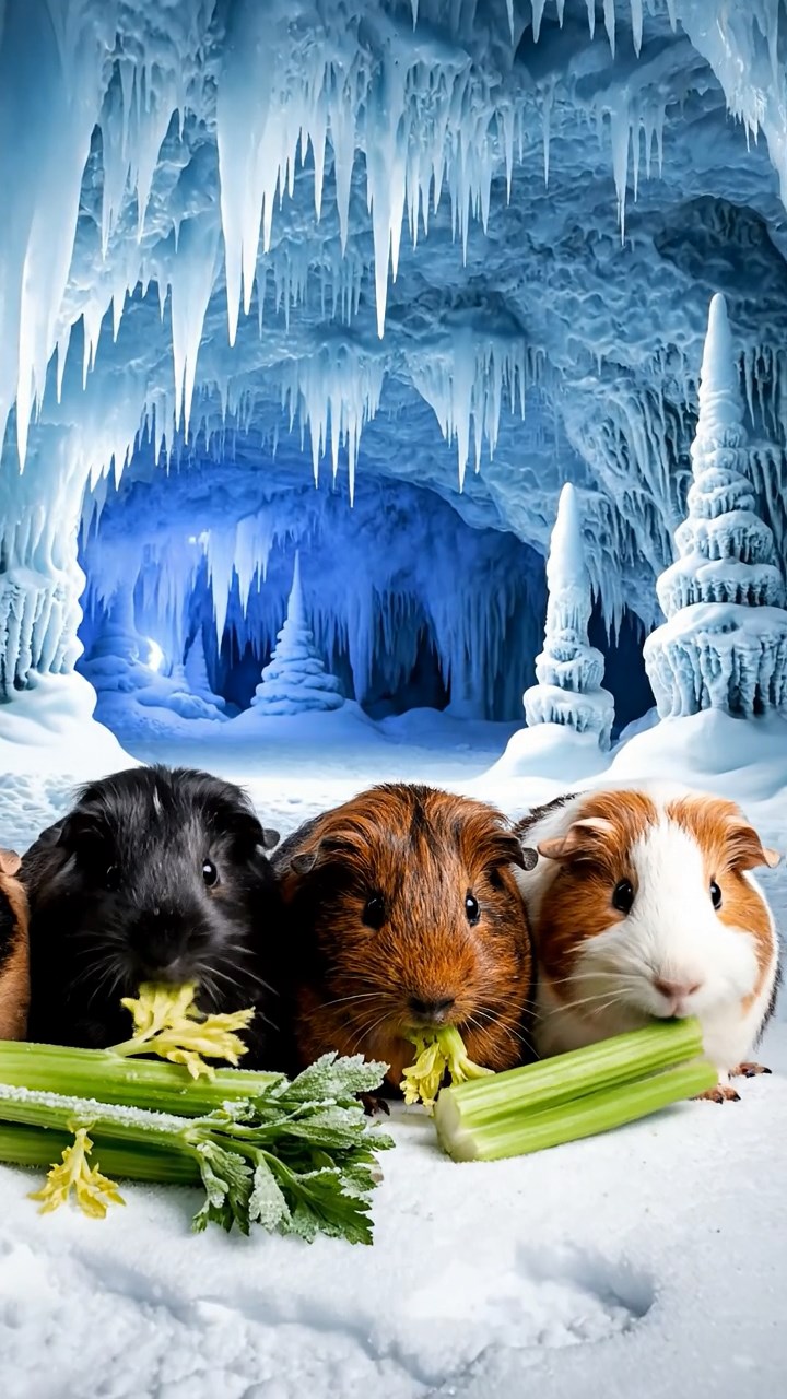 1966. Photorealistic scene of 4 smooth-haired Texel guinea pigs featuring black, brown, and cream coats, chewing on celery bunches, within a frozen cavern with stalactites.